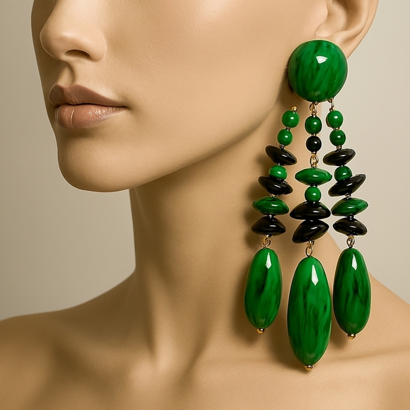Women's Gold tone Green & Black Beads Fringed Post Drop Dangle long Earrings, 5" - Picture 1 of 7